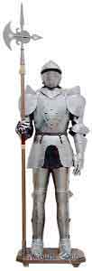 Stainless aluminum suit of armor display. Handmade in Italy.  Life size beautiful suit of armor.  Complete with halberd and stand.