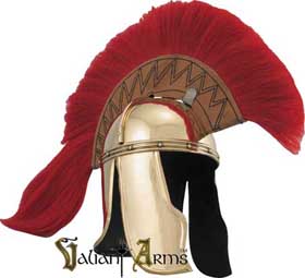 An exquisite Roman helmet full red hair plume (color of leaders and status of rank) tops the magnificent example of rome's high ranking infantry helmet. Hand-crafted in brass.